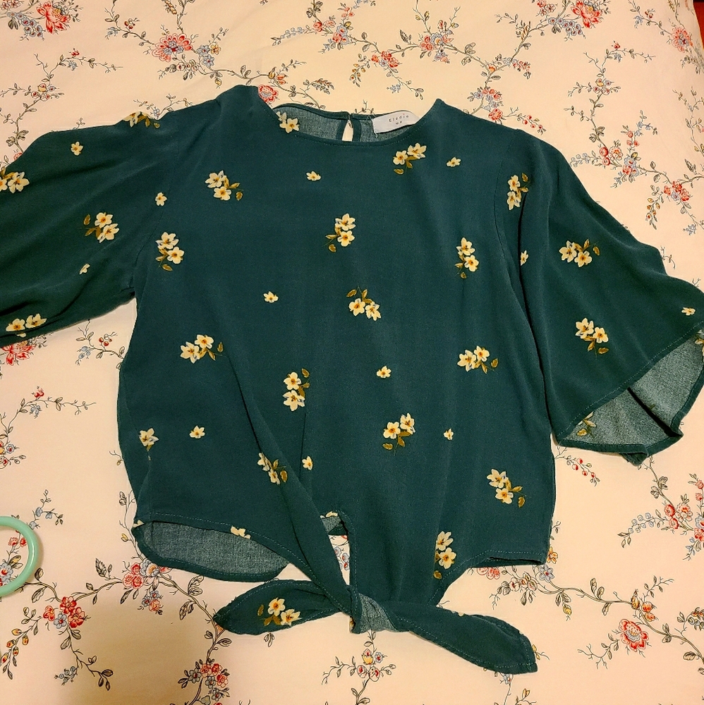 Green/teal floral tie front blouse